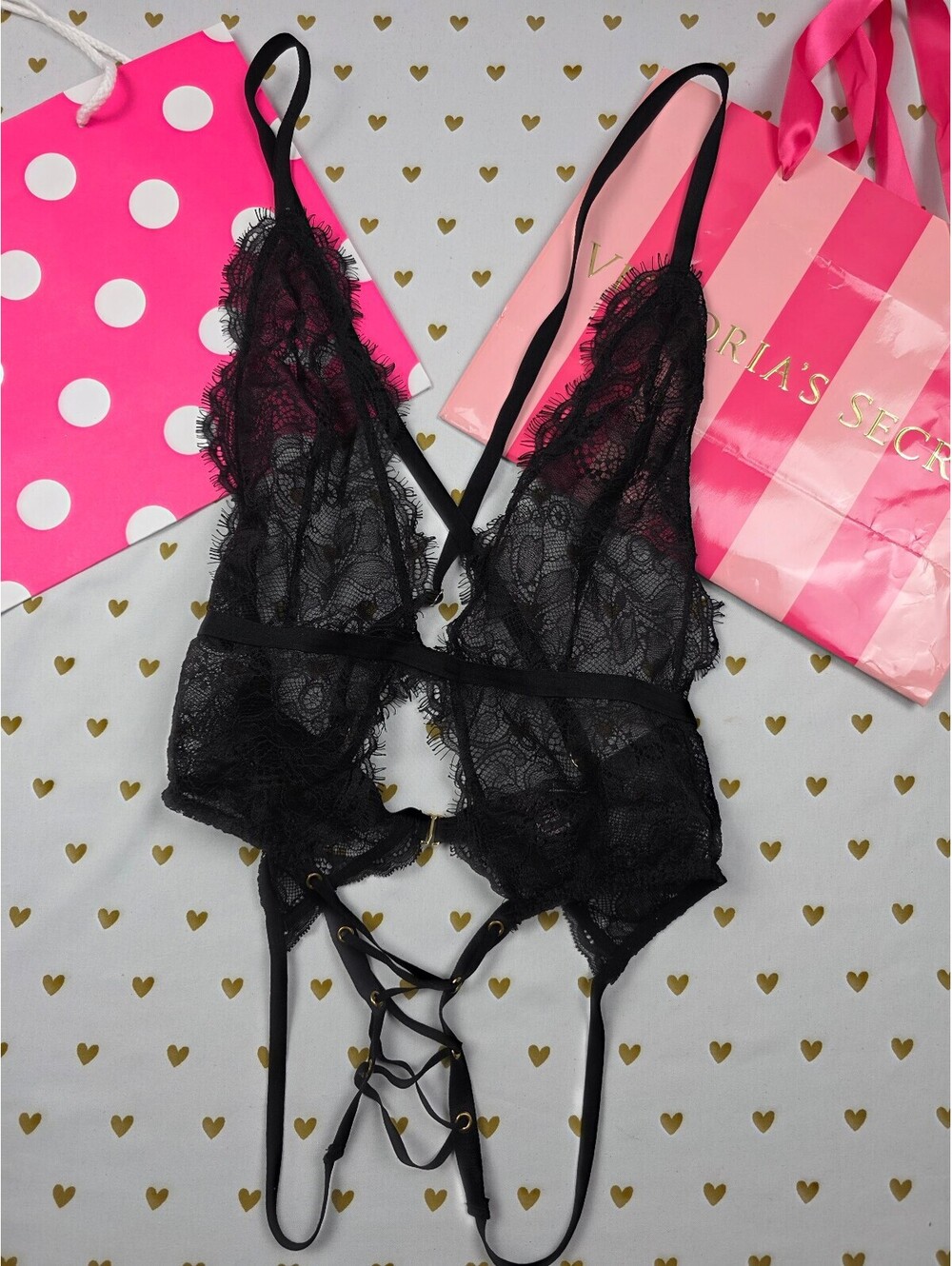 Victorias Secret Sexy Black Crotchless Teddy Bodysuit Lace Sheer Lingerie XS